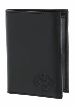 Portefeuille en cuir noir avec un petit motif de crabe embossé dans le coin inférieur droit, montré partiellement ouvert.