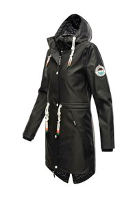 Water-resistant black rain jacket featuring a hood, drawstrings with colorful accents, snap buttons, and a patterned inner lining.