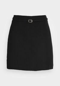 Gonna nera con una finitura in tessuto liscio, caratterizzata da una silhouette aderente, una vita con una piccola fibbia rettangolare e orlo diritto.