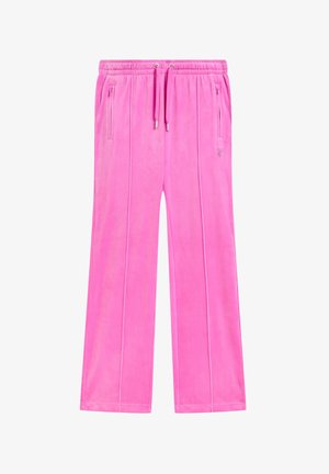 Jasnoróżowe spodnie welurowe o szerokich nogawkach, z elastycznym pasem, sznurkiem do regulacji i zapinanymi na zamek kieszeniami bocznymi, przedstawione na płasko na białym tle.