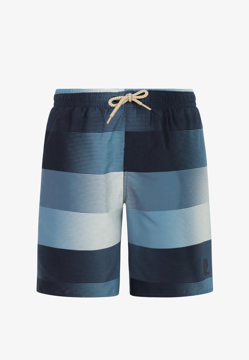 Shorts de bain rayés bleu et noir avec une ceinture élastique et un cordon beige noué en un nœud à l'avant.