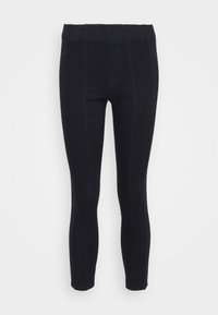 Černé legíny vyrobené z pružné tkaniny s úzkým střihem, s vertikálními švy a pasem. Hladký povrch bez vzorů nebo kovových prvků.