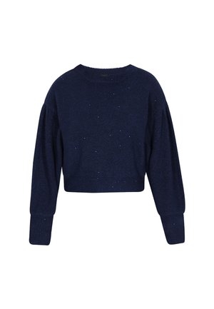 Tumehall sinine lühike sveter ümmarguse kaelusega, laiad pikad varrukad ning peened sädelevad detailid tekstureeritud kangas.