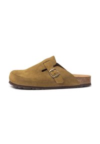 Suede clogs in olive green with a rounded toe, adjustable buckle, and cork footbed. Treaded rubber sole for grip and durability.