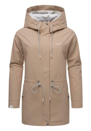 Beige waterproof jacket with a hood, adjustable drawstring waist, two side pockets, and zipper closure. Lining features a subtle pattern.