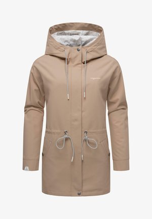 Beige veekindel jakk kapuutsiga, reguleeritava nöörvöödiga, kahte küljetaskut ja lukuga. Vooder on kaunilt mustrittäis.