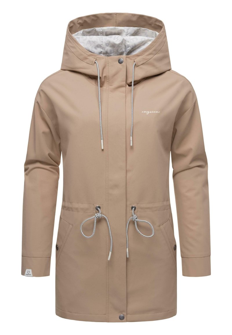 Bežna vodoodporna jakna s kapuco, nastavljivim pasom na vrvico, dvema stranskima žepoma in zadrgo. Podloga ima subtilen vzorec.