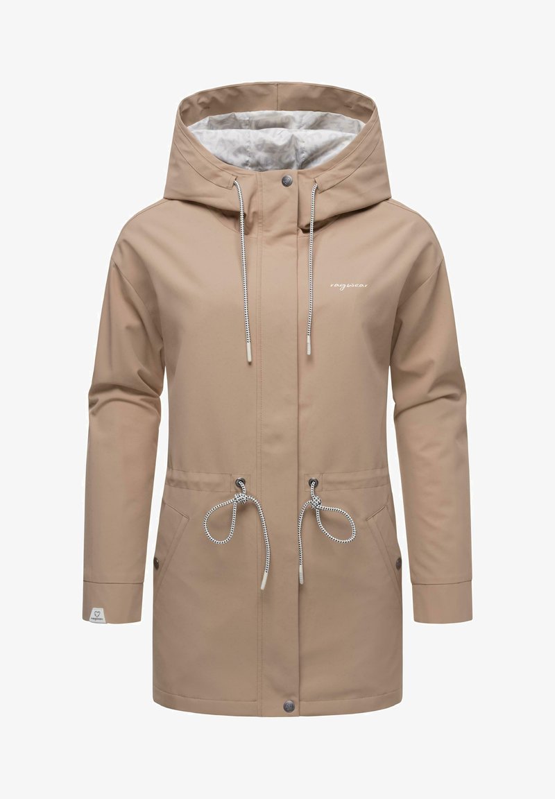 Bežna vodoodporna jakna s kapuco, nastavljivim pasom na vrvico, dvema stranskima žepoma in zadrgo. Podloga ima subtilen vzorec.
