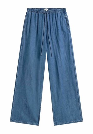 Siniset leveälahkeiset farkut, joissa on joustava vyötärönauha ja kiristysnyöri, sivutaskut ja rento istuvuus.