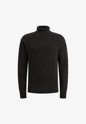 Tamno sivi džemper s izrezom na vratu, s rebrastom teksturom, koji ima raglan rukave i uski rez na dnu. Nema vidljivih brend oznaka ili uzoraka.