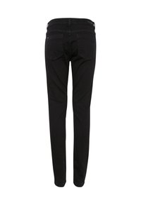 Jeans negri din denim cu o croială slim, talie standard, buzunare pe spate și linii curate cu detalii minime de cusătură.