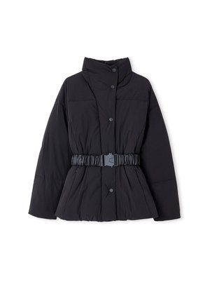 Pohodlná černá bunda s vysokým límcem, předními patentními knoflíky a stahovacím pasem s širokým elastickým pásem. Hladká textilní struktura.