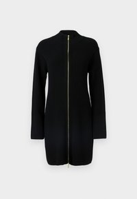 Μαύρο ριμπ πλεκτό καζάκα με μακριά μανίκια, ψηλό γιακά και φερμουάρ μπροστά σε όλο το μήκος με αντίθετη χρυσή χειρολαβή φερμουάρ.