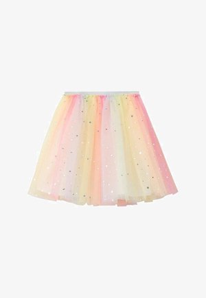 Jupe en tulle dégradé pastel jaune, rose et orange, avec des accents d'étoiles argentées et une taille élastique. Conception légère et en couches.