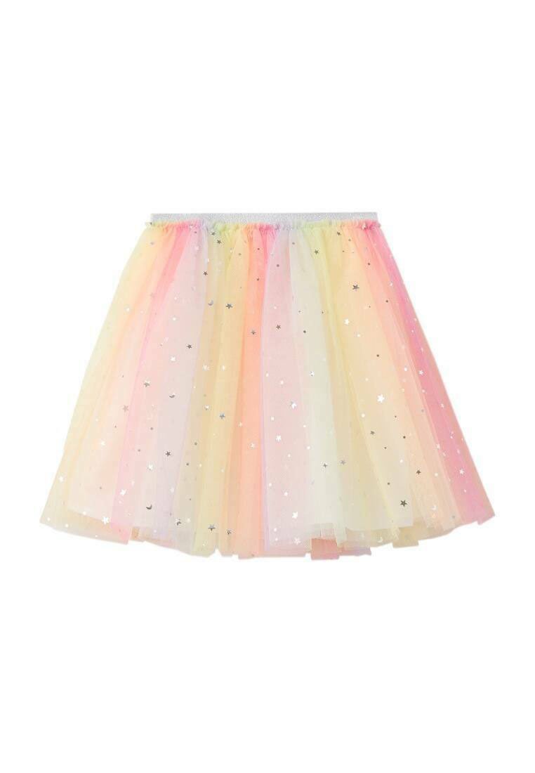 Tutu krilo v pastelnem rumenem, roza in oranžnem prehodu, z srebrnimi zvezdnimi poudarki in elastičnim pasom. Lahka in večplastna zasnova.