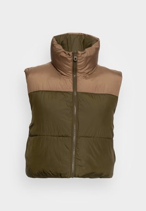 Ärmellose Steppweste mit hohem Kragen, Reißverschluss und zweifarbiger Stoff in Braun und Olivgrün.