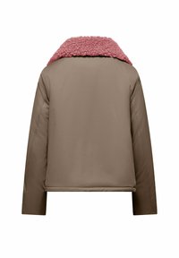 Bruine gewatteerde jas met een roze schapenvachtkraag, een cropped ontwerp en een gladde textuur, zonder zichtbare sluitingen of extra details.