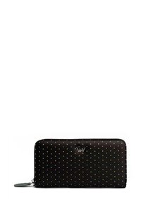 Black leather wallet with colorful polka dot pattern, zipper closure, and logo accent. Features smooth texture and rectangular shape.