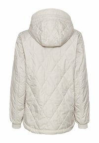 Gevoerde pufferjack in lichtbeige met een capuchon. Heeft een ruitpatroon, elastische manchetten en een afgeronde zoom. Gladde, textuurstof.