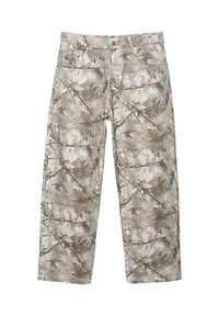 Nohavice cargo s maskovacím vzorom v béžových, hnedých a sivých tónoch s pútkami na opasok, prednými vreckami a rovnými nohavicami.