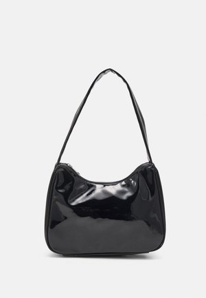 Small shiny black patent leather shoulder bag with a single strap and top zipper, displayed against a white background.