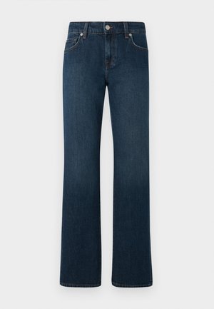 Dark blue denim jeans with a straight leg design, featuring a classic five-pocket style, and a button closure at the waist.