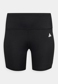 Černé sportovní šortky vyrobené z elastického, hladkého materiálu. Mezi důležité rysy patří vysoký pas a malé bílé logo na boku.