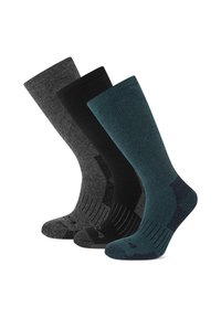 Three pairs of crew socks: dark gray, black, and teal. Textured knit material with ribbed design and reinforced heel and toe accents.