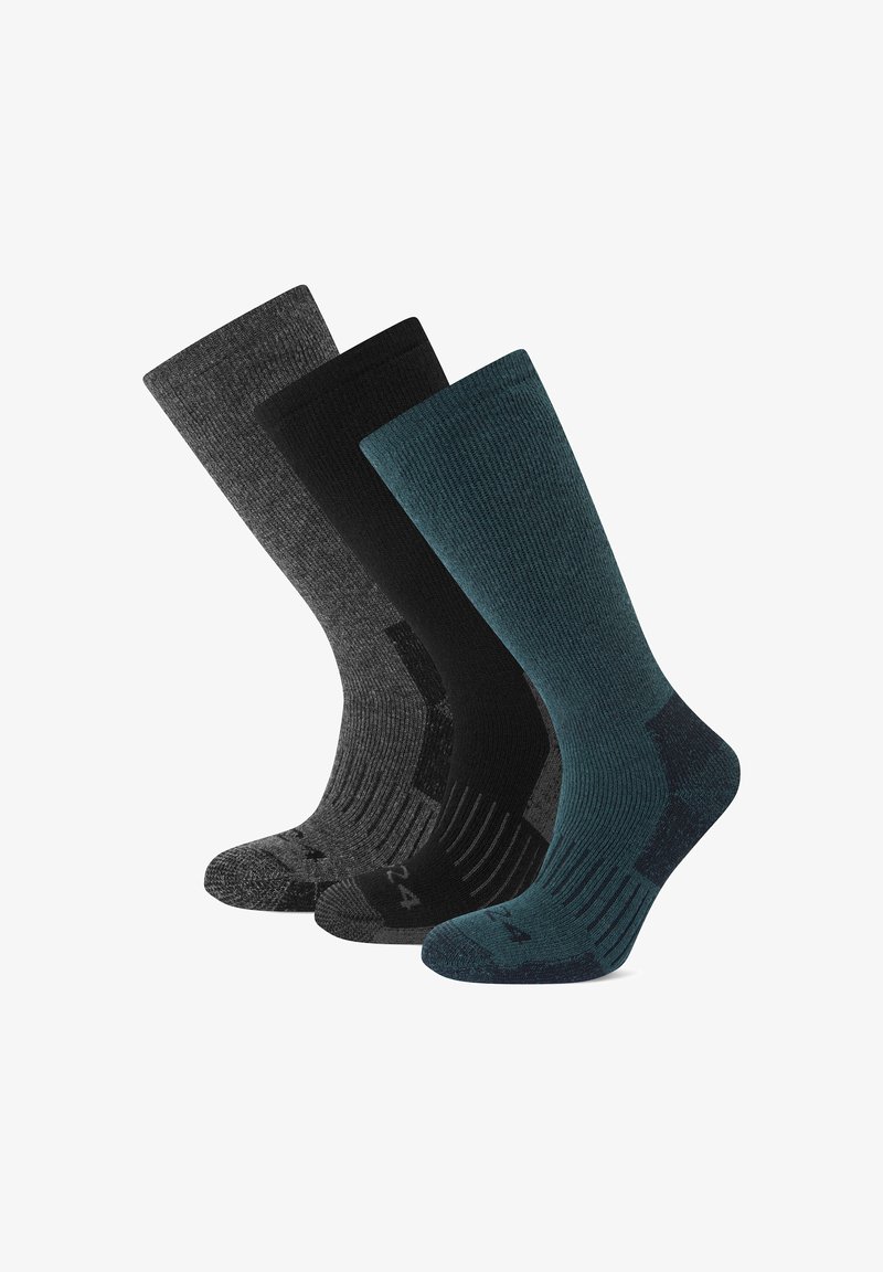 Three pairs of crew socks: dark gray, black, and teal. Textured knit material with ribbed design and reinforced heel and toe accents.