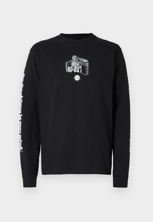 Black long-sleeve shirt featuring a white graphic design of a vintage camera on the front and text on the sleeves. Cotton material, standard fit.