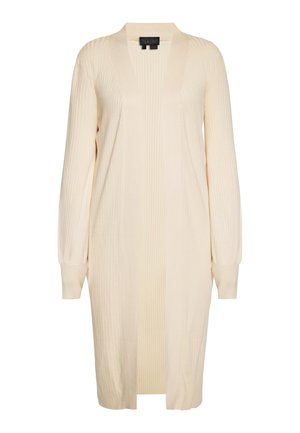Langer, offener Cardigan in Creme mit gerippter Textur, leichtem Stoff und langen Ärmeln. Er zeichnet sich durch einen geraden Schnitt und eine entspannte Passform aus.