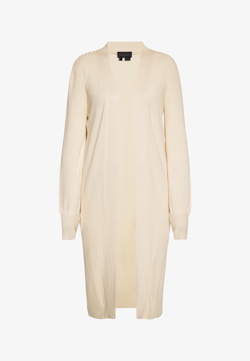 Hosszú, nyitott elülső kardigán krém színben, bordás textúrával, könnyű anyagból és hosszú ujjakkal. Egyenes vonalvezetésű és laza fazonú.