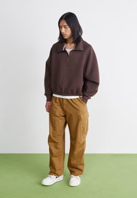 Brun zip-up sweatshirt med en bred krage, kombinerad med tan cargo-byxor med fickor. Vita sneakers fulländar outfiten mot en grön golvyta.