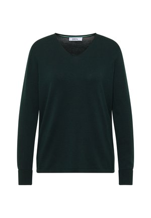 Grüner V-Ausschnitt-Pullover aus weichem Stoff. Verfügt über lange Ärmel mit gerippten Bündchen und einem einfachen, lässigen Schnitt. Markenlabel: CECIL.