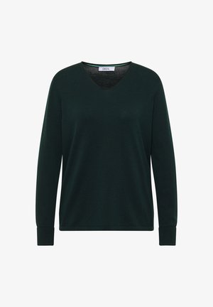 Green v-neck sweater made from soft fabric. Features long sleeves with ribbed cuffs and a simple, relaxed fit. Brand label: CECIL.