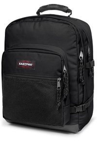 Sort Eastpak rygsæk lavet af slidstærkt stof; har et hovedrum, en frontmesh-lomme og flere lynlåse med ringtrækkere.