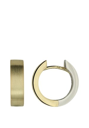 Hinged hoop earrings with a two-tone design combining brushed gold and polished silver finishes.