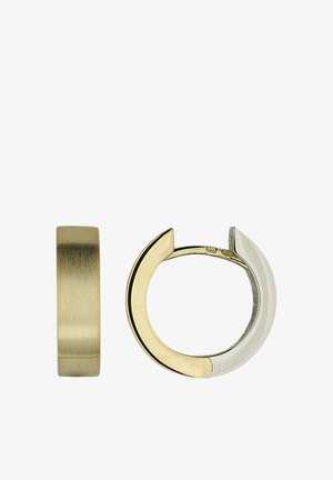 Hinged hoop earrings with a two-tone design combining brushed gold and polished silver finishes.