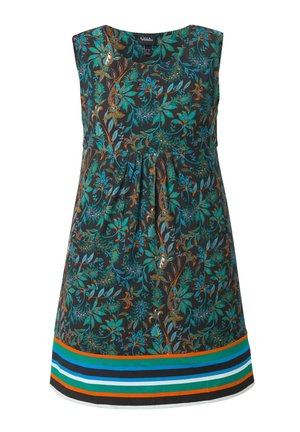 Sleeveless dress with dark background, teal and orange floral pattern, and multicolored horizontal stripes along the hem.