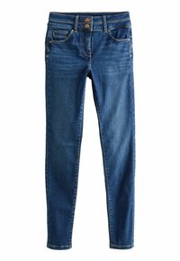 Jeans en denim bleu foncé à coupe ajustée avec une texture lisse, deux poches avant et une fermeture à boutons. Dispose d'une couture minimale et d'un matériel contrastant.