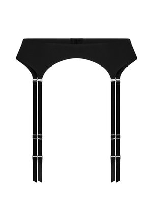 Schwarzer elastischer Strumpfhalter mit breitem Band und verstellbaren Riemen, ausgestattet mit silbernem Metallzubehör und einer glatten Textur.