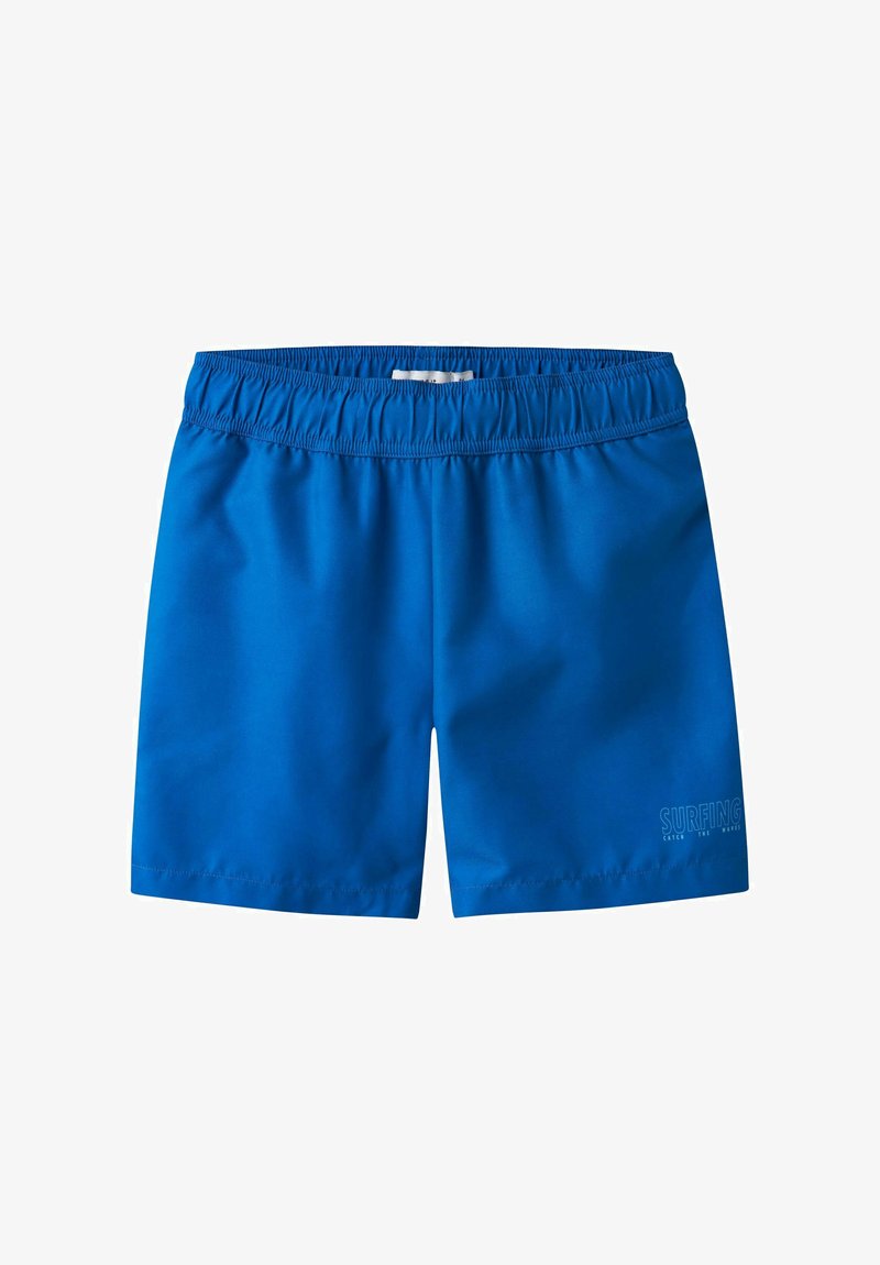 Shorts de bain bleus à taille élastique avec un petit texte "SURFING Attrape la Vague" sur la partie inférieure droite de la jambe.