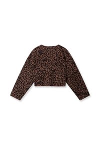 Haut marron court à manches longues avec un motif léopard noir. Fabriqué en tissu doux, il possède un col rond et un ourlet droit.