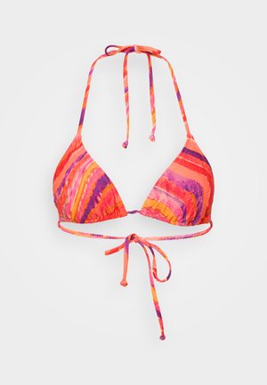 Haut de bikini triangulaire avec nouage à l'arrière, présentant un motif de vagues vibrant dans des teintes de rose, orange et violet. Tissu texturé.
