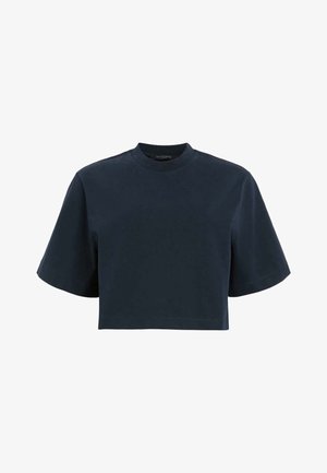 Mørkeblå cropped t-shirt lavet af bomuld, med korte ærmer, rund hals og en glat tekstur. Ingen synlige mønstre eller hardware.