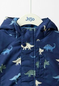 Námornícky modrá bunda so vzorom dinosaurov s predným zipsom, cvokmi a kapucňou. Obsahuje rôzne potlače dinosaurov v zelenej a svetlomodrej farbe.