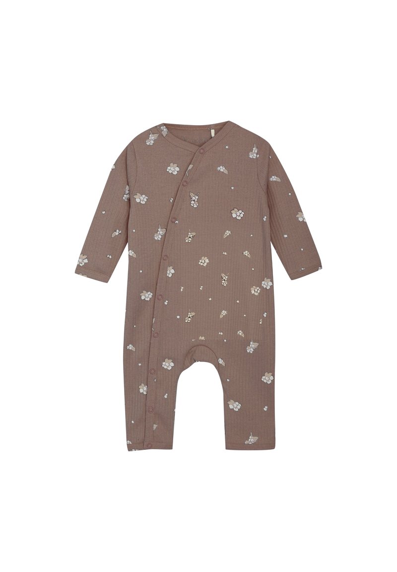 Långärmad babydräkt i ljusbrunt, med en subtil ribbad textur och blommönster i vitt och pastellfärger. Framknäppningar.