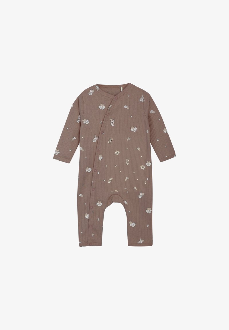Långärmad babydräkt i ljusbrunt, med en subtil ribbad textur och blommönster i vitt och pastellfärger. Framknäppningar.