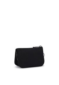 Borsetta nera in nylon con chiusura zip, angoli arrotondati e un piccolo anello in metallo. Texture liscia, forma compatta adatta all'uso quotidiano.
