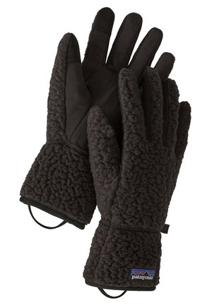 Black gloves featuring a textured, fleece-like exterior and smooth fabric on the palms. Includes elastic wrist openings and a logo patch.